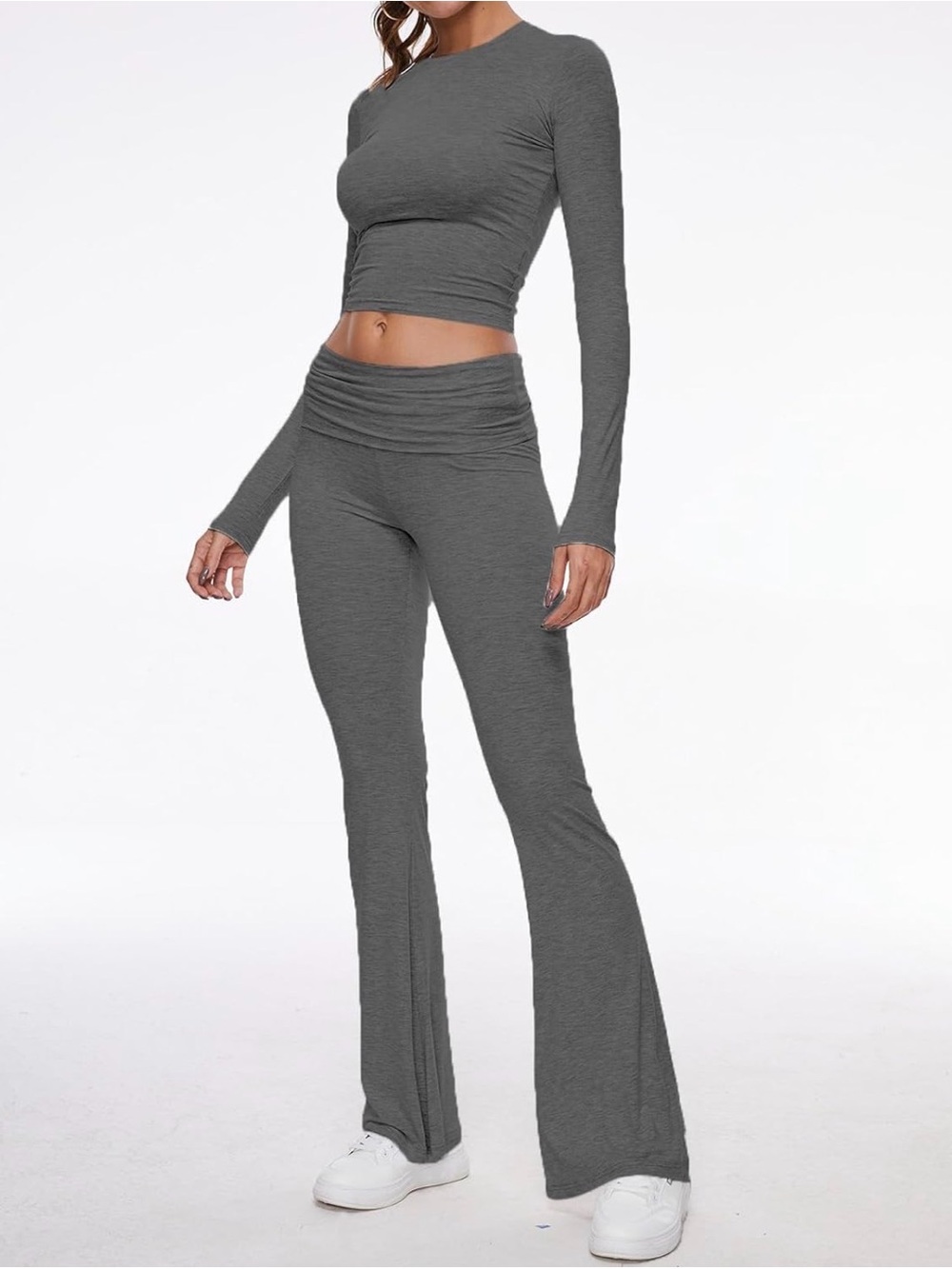 Women's 2-Piece Lounge Set: Long Sleeve Cropped Top & Fold-Over Flare Pants